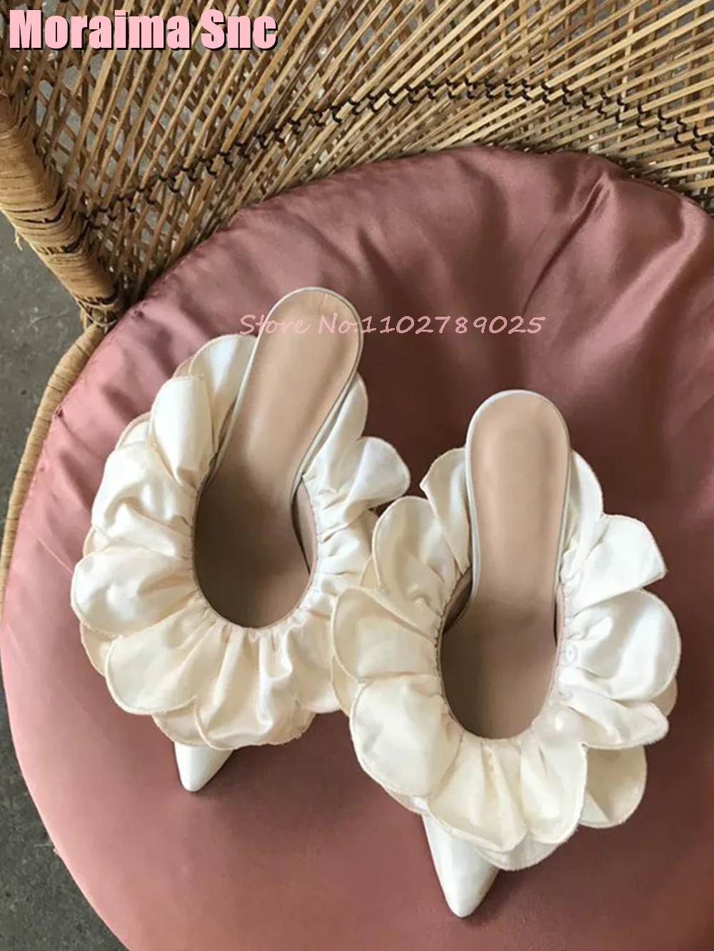 Pointed Toe Flower Mules Stiletto High Heel Ivory Solid Satin Shallow Women Shoes Summer Outdoor Casual Slip On Unique Slippers