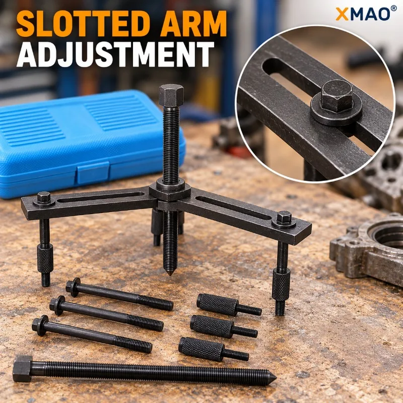 Motorcycle Engine Case Splitter Kit, 3 Adjustable Slotted Arms, Center Forcing Screw and Mounting Hardware in Blue Carry Case