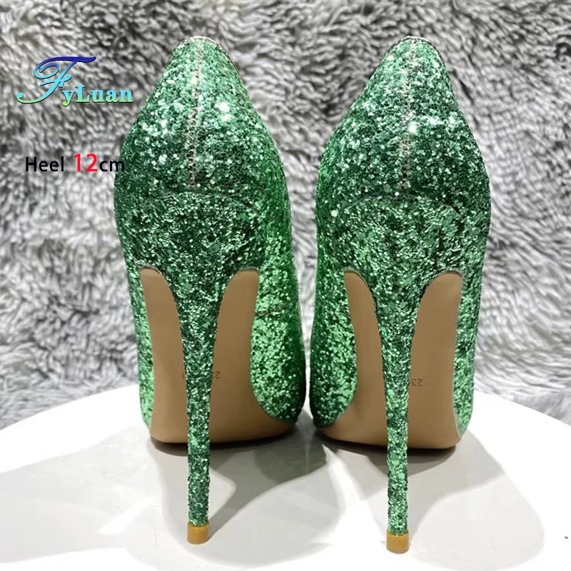 Green Glitter Sequin High Heels 8CM 10CM 12CM Stiletto Sexy Pointed Club Party Shoes Women Shallow Slip-On Fashion Elegant Pumps