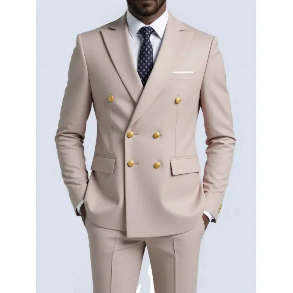 

2025 Casual Beige Men Suits Double-breasted Lapel Gold Button Groom Wedding Tuxedos Best Costume Homme
