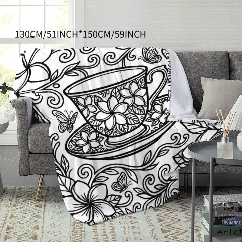 This Flannel Printed Blanket Features a Trendy Fill-In Stress Relief Hand-Drawn Style Design, Centered Around Exquisite Retro Fl