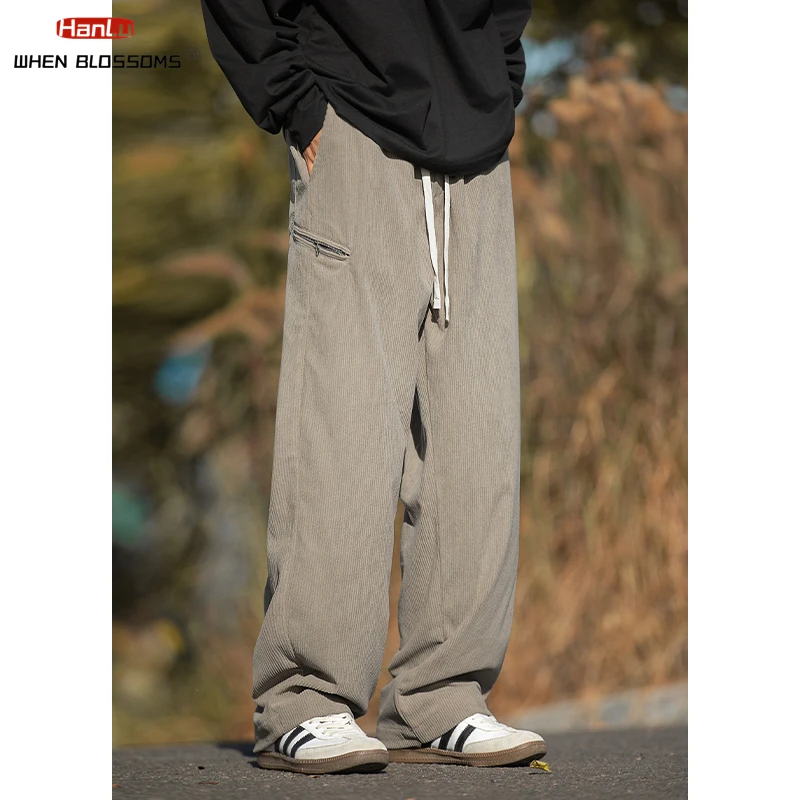 HANLU Retro Textured Corduroy Straight Leg Casual Pants For Men Autumn Winter With Side Zipper Design Trendy Brand Loose Pants