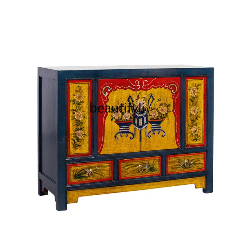 

Chinese solid wood porch cabinet, simple storage of color lacquered door side cabinet, living room storage cabinet