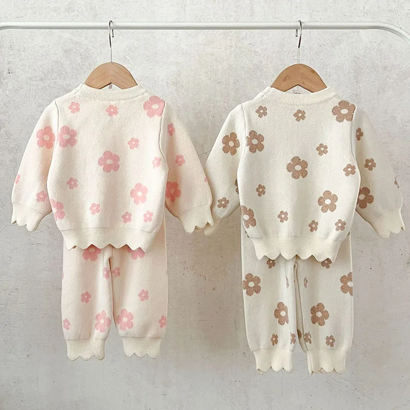 2024 New Autumn Toddler Baby Girl Knitted Clothes Suit Long Sleeved Knitted Printed Pullover Shirt+Pants Children Clothes Set