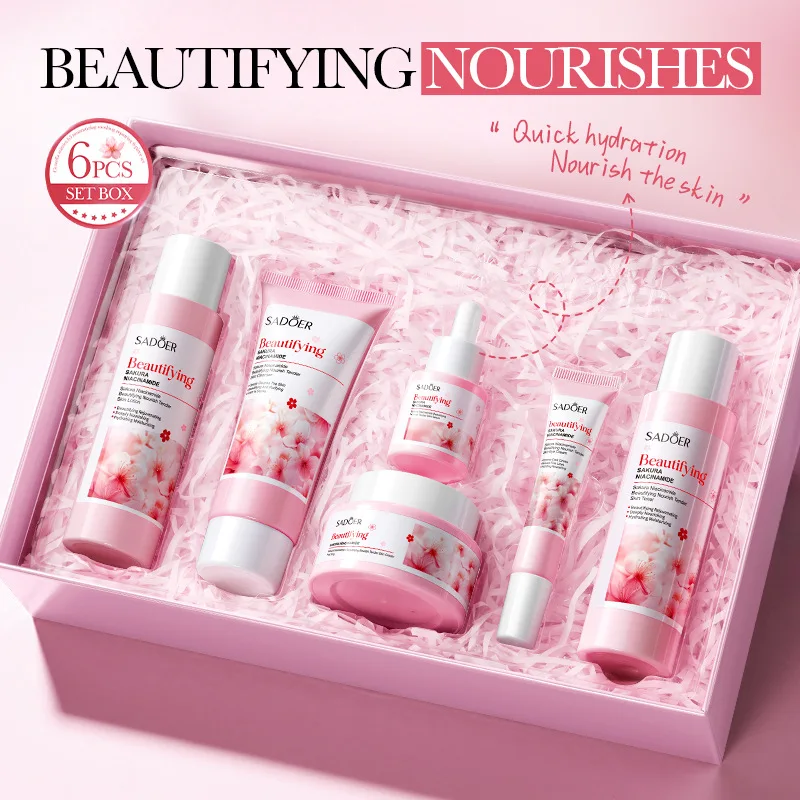 Cherry Blossom Niacinamide 6-Piece Skin Care Set, Moisturizing Brightening Nourishing Skin Care Kit, Hydrating Revitalizing Skin