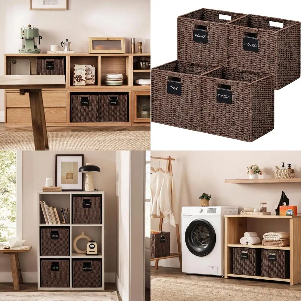 

Набор из 4 складных плетеных кубиков для хранения с этикетками для эффективной организации полки