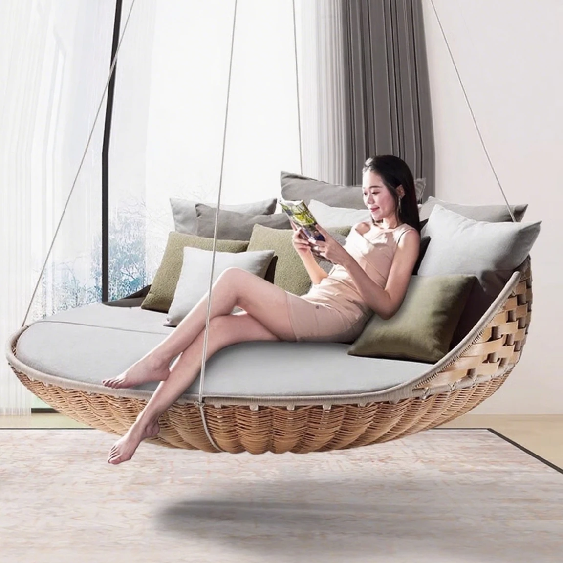 

Outdoor Swing Bed Hanging Hammock Modern Swing Sofa Garden Furniture Detachable Cleaning Rope Rattan Vine Round Hanging Daybed