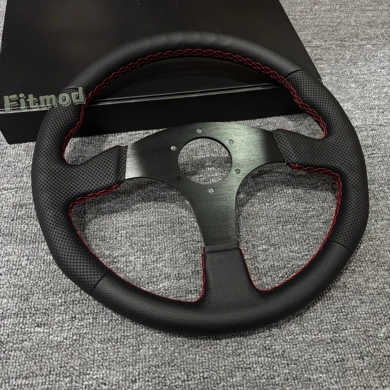 GM Modified Steering Wheel 14 Inches 350mm Flat Red Stitch Leather Racing Sports Car Drift Steering Wheel Game Simulation Steeri