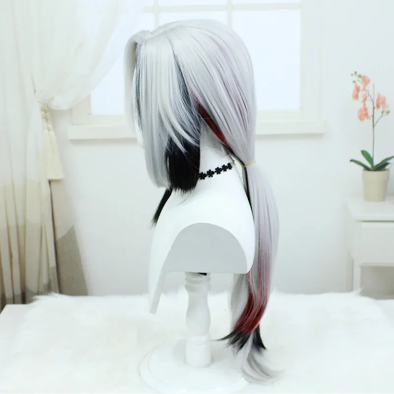 ゲーム用の金属製ウィッグ,薄い,ユニセックス,合成皮革,ロング,黒と白のかつら,ハロウィーンのアクセサリー