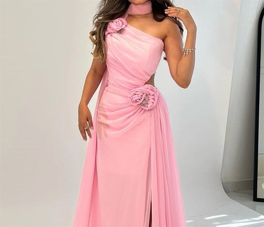 Customized Ball Exquisite Halter Sheath Evening Party Flowers Fold Draped Chiffon Prom Dresses Vestidos De Noche Elegantes Para