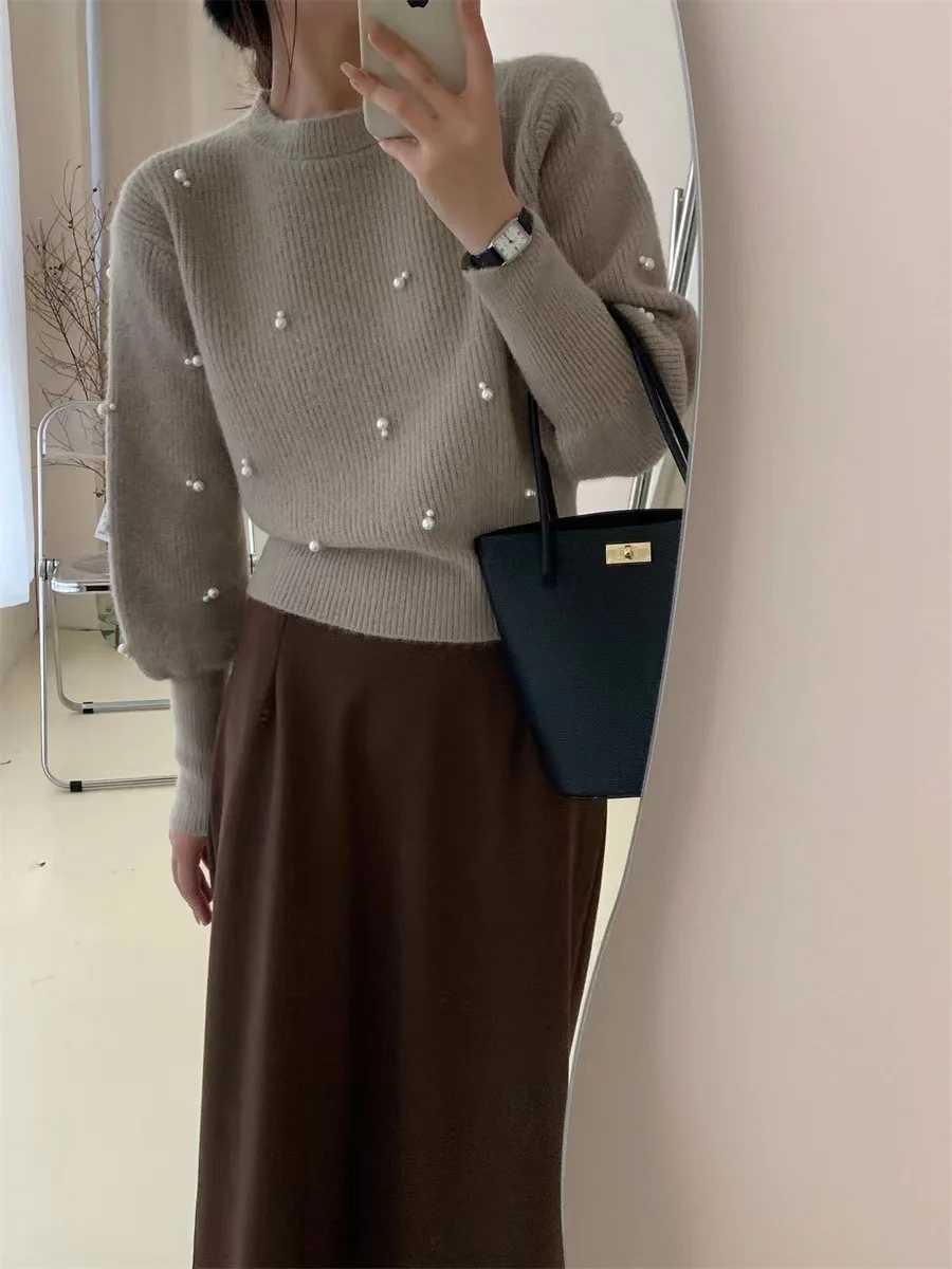 부드럽고 쫄깃한 라운드 넥 풀오버 진주 스웨터 2025 가을 겨울 프렌치 스타일 니트 스웨터 탑