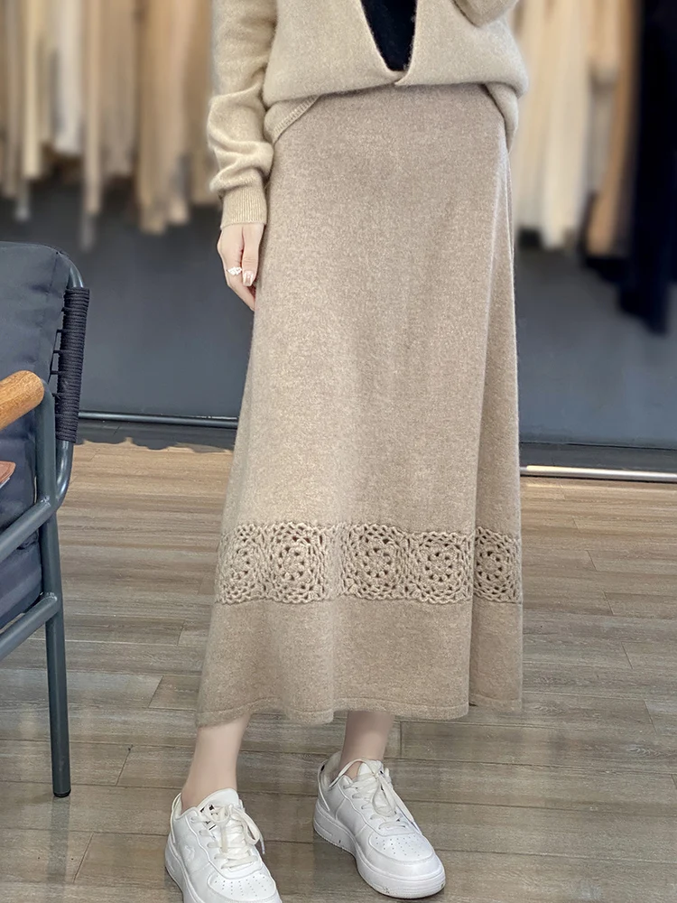 100 cashmere women joker temperament slim skirt heavy industry thickened hand crocheted hollow bottom skirt.