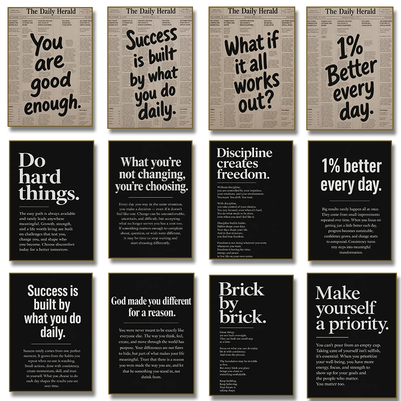 1% Better Every Day Newspaper Poster Motivational Wall Art, Self Improvement Quote Canvas Painting Print Living Room Home Decor