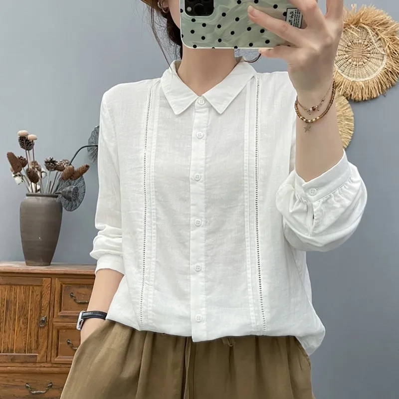 

Винтажная однотонная блузка с длинными рукавами и лацканами, женская новая весенне-осенняя повседневная свободная рубашка, топ r57