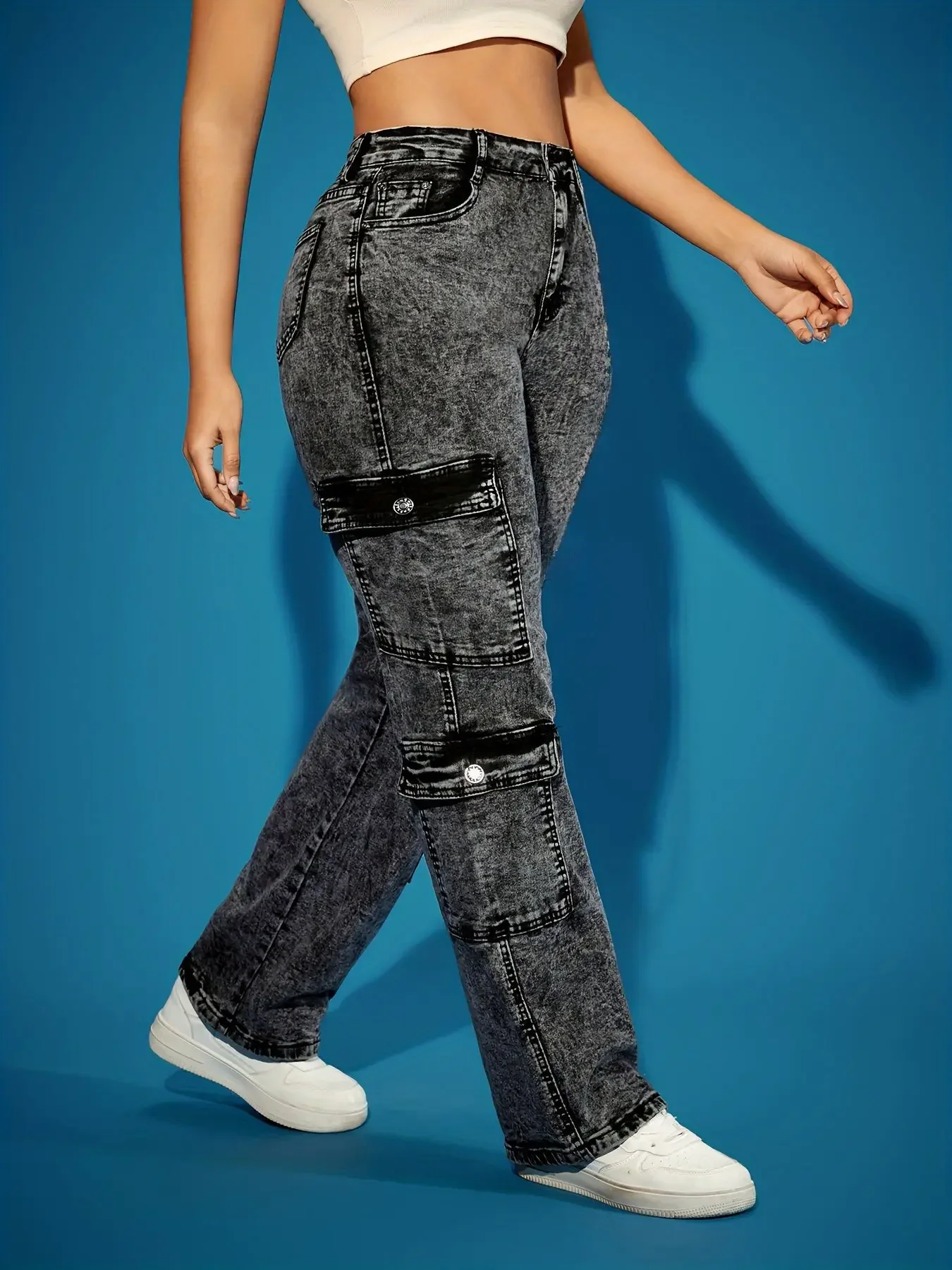 Y2K Baggy-Cargohose mit hoher Taille für Damen, Stretch-Denim-Hose mit mehreren Taschen, lässige Vintage-Streetwear