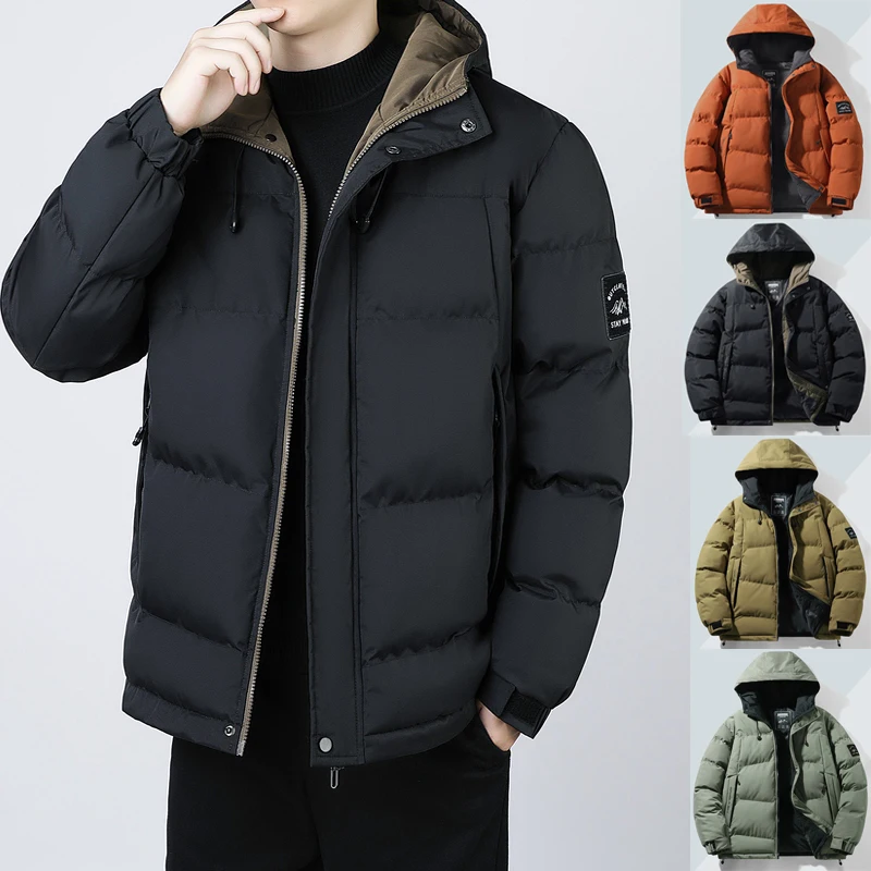 

2025 Men's Army Green Hooded Jacket, Korean Style Slim Fit Winter Coat, Thickened Workwear Casual Parka for Streetwear