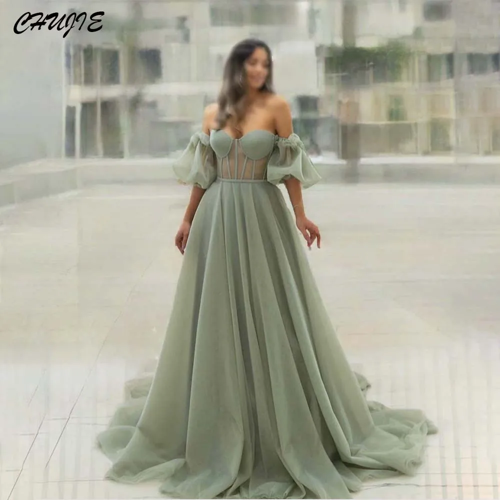

Olive Green Short Sleeve Prom Dresses Woman A line Pleat Vintage vestidos de noche Floor Length Wedding Evening Dress Customized