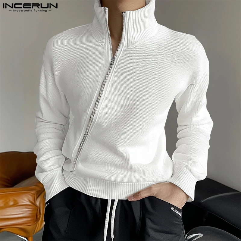 INCERUN Tops Korean Style Fashion New Men's Knitted Pit Stripe Diagonal Zipper T-shirt Casual Simple Solid Long Sleeved Camiseta