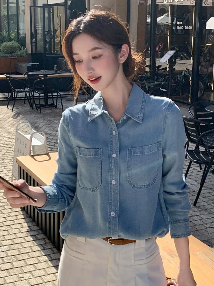 Haut Long en Denim bleu rétro pour femmes, vêtement d'extérieur superposé, coréen, coupe droite, détail de boutons, printemps automne hiver