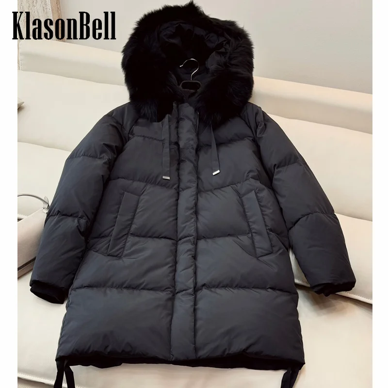 8.31 KlasonBell Women Luxury Fox Fur Hooded Collar Keep Warm Goose Down Outerwear Lace-up Decoration Long Sleeve Zipper Coat