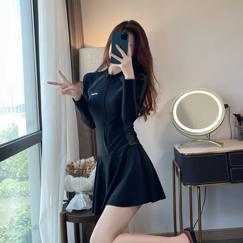 New Sporty Style Women Patchwork Slimming Beach Dress Long Sleeve Zipper Swimwear One Piece Swimsuit Conservative Bikini