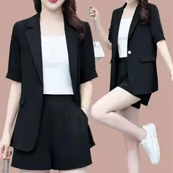 2 Piece Elegant Women Blazer Shorts Set OL Style Single Button Blazer Shorts Women Workwear Slim Fit Office Suit Casual Outfit