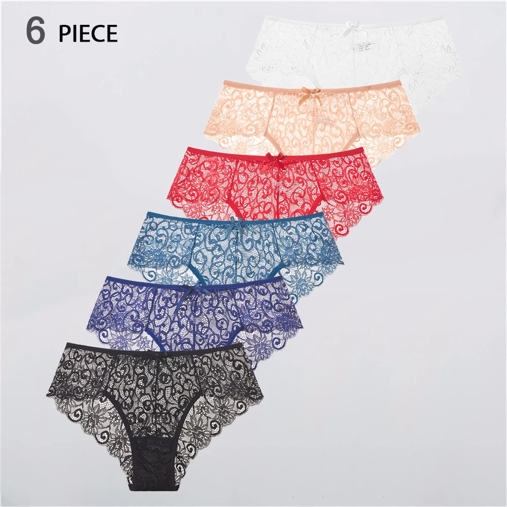 

6 Pcs Women's Sexy Lace Panties Breathable Underwear Transparent Knickers Set Female Briefs Comfortable Underpants