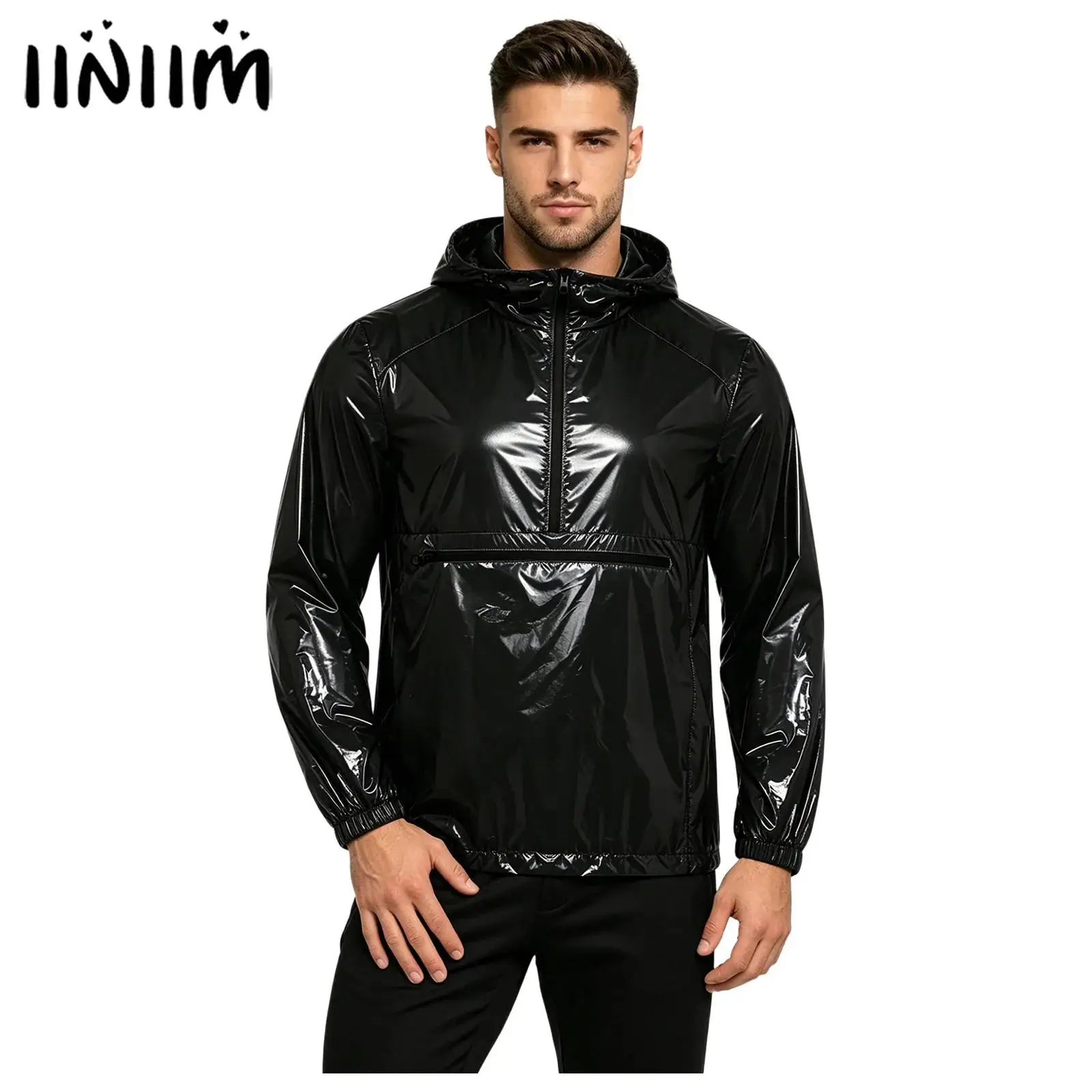 Mens Shiny Half Zip Hooded Windproof Jacket Tops Waterproof Sweatshirt Front Pocket with Zipper Long Sleeve Hoodie Raincoat