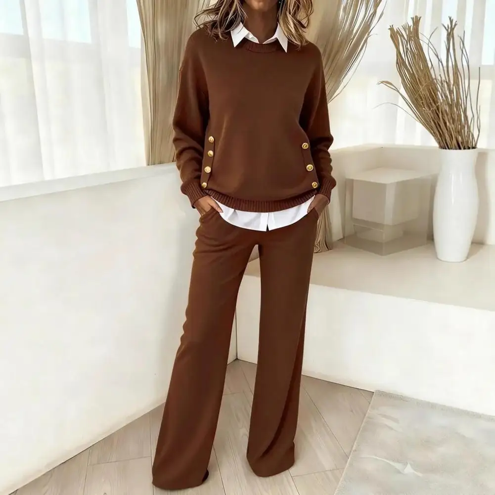 Simple Design Women's Suit 2 Piece Outfit Splicing Fake Two Piece Sweatshirt Wide Leg Pants Set Fall Casual Tracksuit Lounge Set