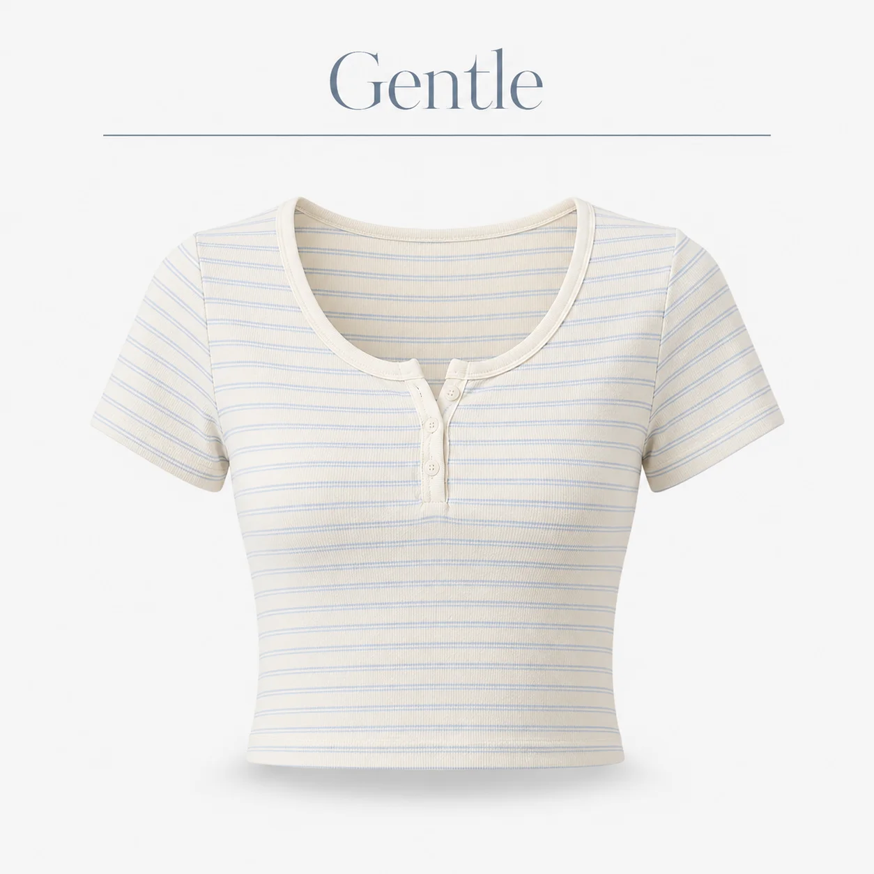Women's U‑Neck Horizontal Striped Short Sleeve Top with Henley Buttons and Precision Slim Fitted Cropped Construction