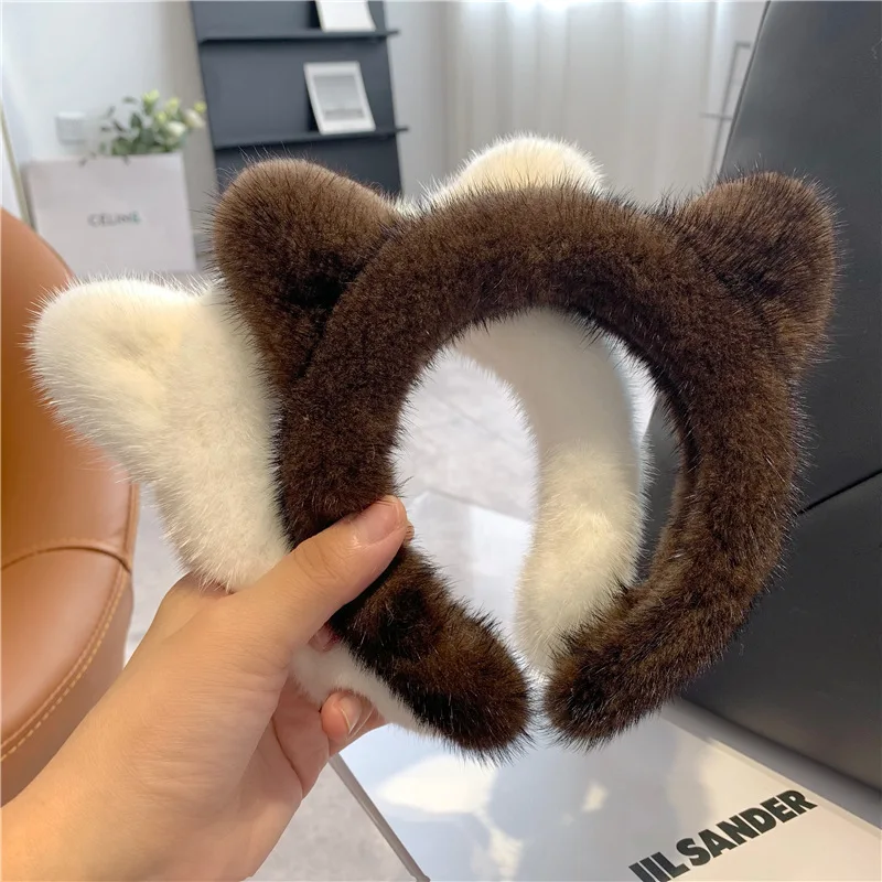 Hot Sale Face Wash Headband Real Mink Cat Ears Hairpin Net Celebrity Female Anchor Headband Cute Plush Headdress Makeup Hairpin