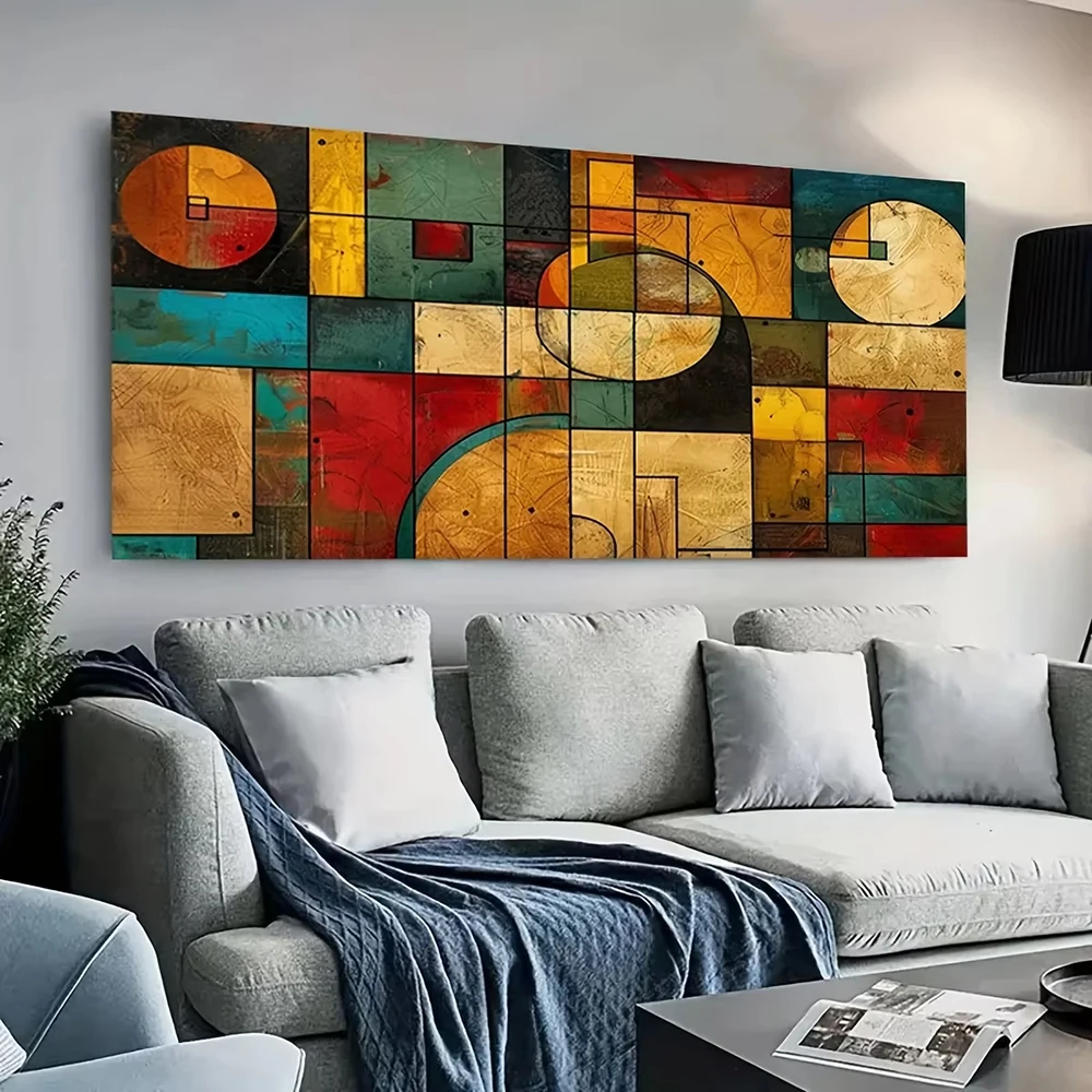 Large Modern Abstract Art Canvas Paintings Vibrant Geometric Design with A Swirling Mind Theme Poster Prints for Living Room