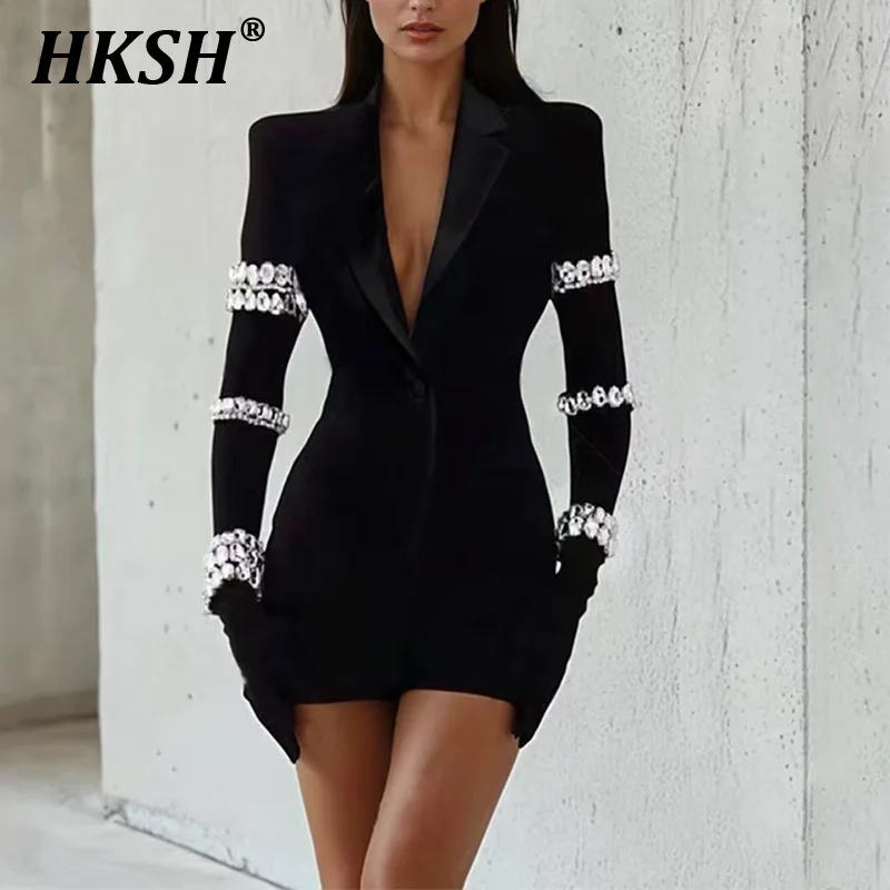 

HKSH Summer New Women Tide Chic Ins Fashion Elegant Office Lady Suit Dress Diamond Long Sleeve V-neck Slim Fit Wrap Dress HK5510