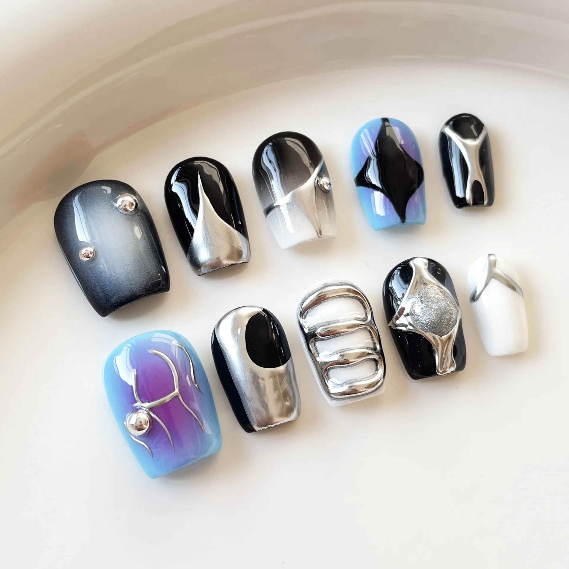 

10Pcs Handmade Press on Fake Nails with Jelly Glue Short Square Artificial Nail Art Dreamy Full Cover Wearable Acrylic Nail Tip
