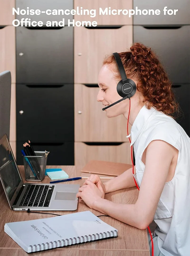 HROEENOI WRHW05 سماعات رأس شفافة لإلغاء الضوضاء مع ميكروفون للكمبيوتر المحمول وسماعة رأس سلكية للعمل واجتماعات الفريق
