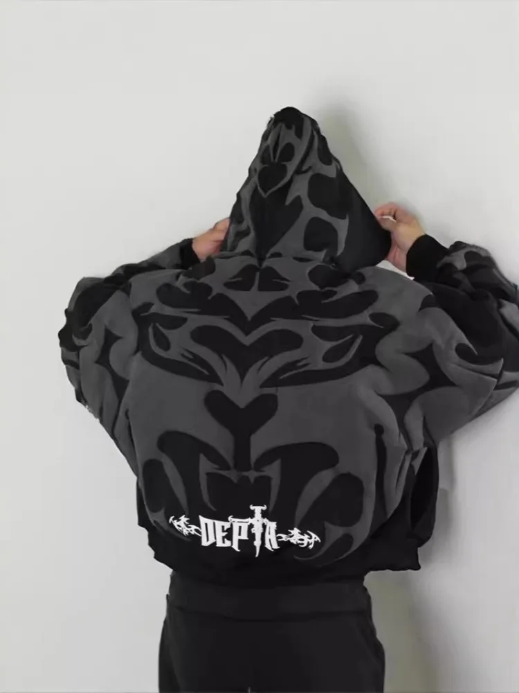 Punk High Street Fashion Destructive Style Zipper Hoodie Men Multi Pocket Embroidered Whisker Design Casual Sweatshirt Autumn