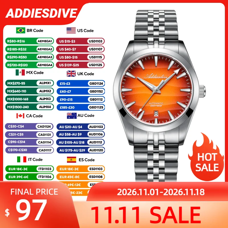 ADDIESDIVE AD2540 Desert Texture Men's Watch Sapphire Crystal Automatic Mechanical Watches BGW9 Super Luminous Male Reloj Hombre