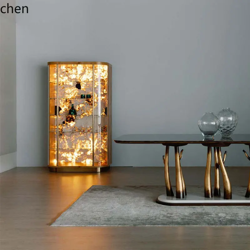 YFY  Arc Glass Wine Cabinet Villa High-End Wall-Mounted Display Cabinet Living Room Storage Luxury Stone Decorative Cabinet