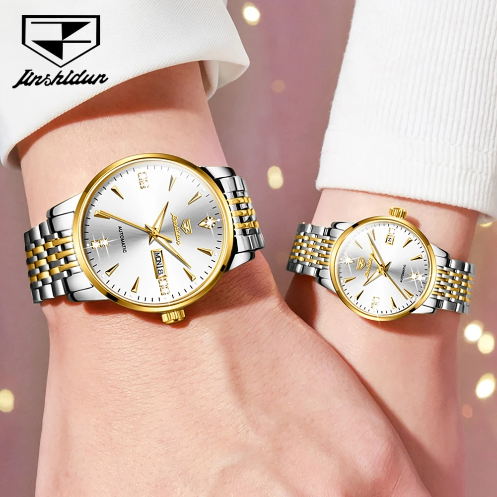 JSDUN 8943 Luxury Simple Mechanical Couple Watch Stainless Steel Original Hand Clock Calendar Waterproof Watch For Men Women