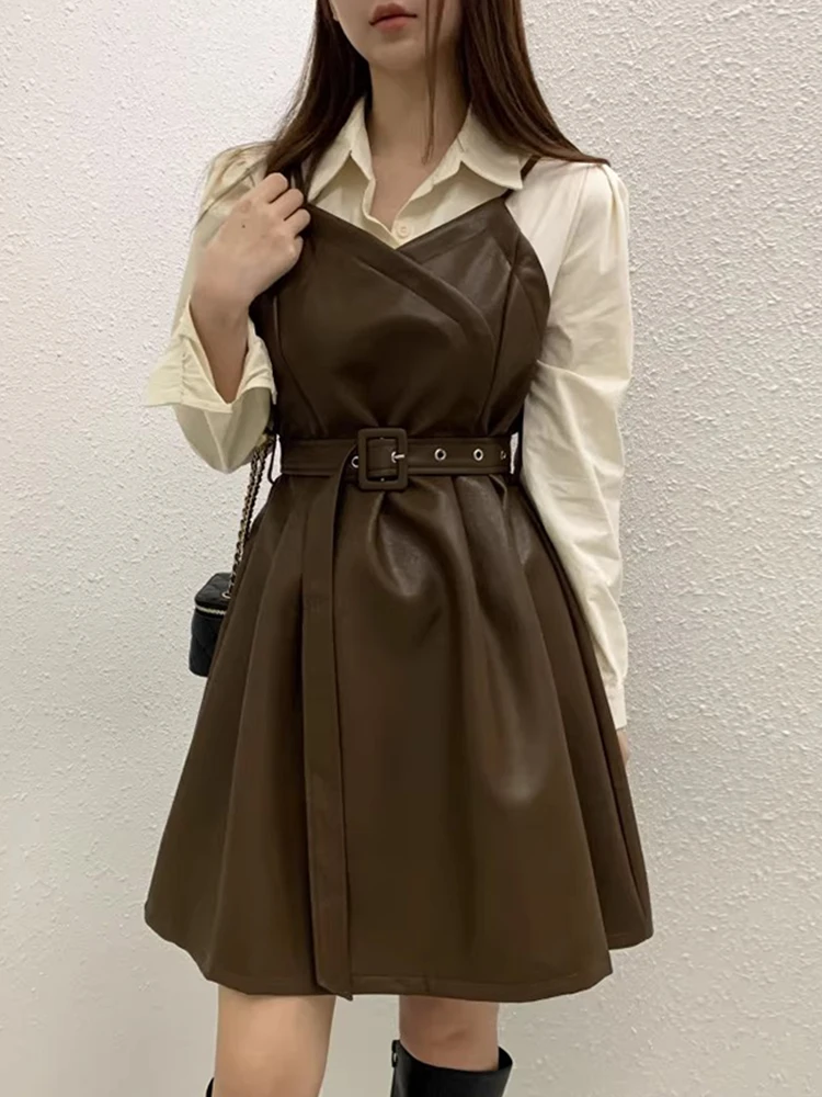 Chic automne Vintage col en cuir PU ort Dr femmes taille haute faux deux pièces conception minceur Patchwork Dr