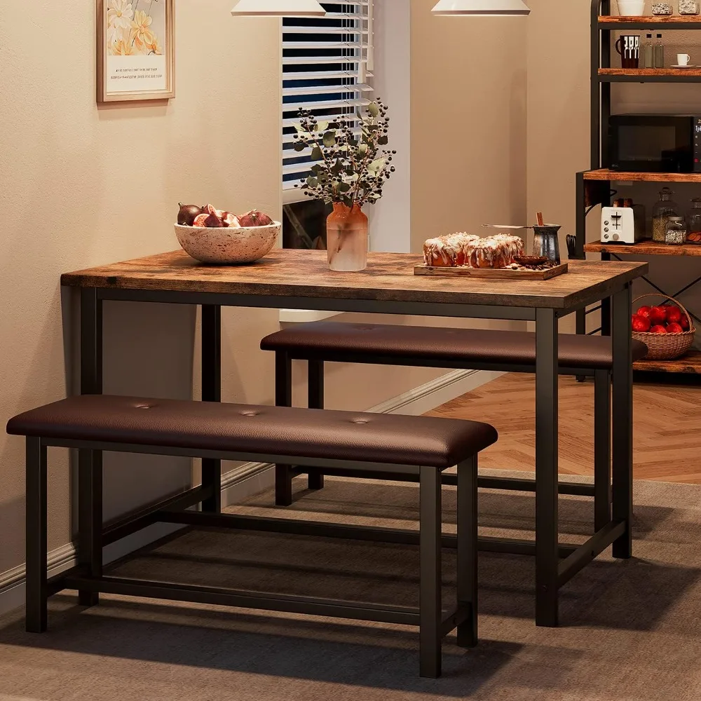 with 2 Upholstered Benches for 4, Dining Room Metal and Wood Rectangular Table Set for Small Space, Dinings Rooms Sets