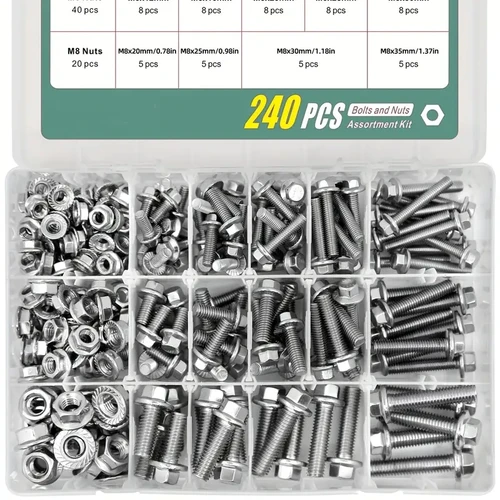 240 Kit de tuercas y pernos con brida de acero inoxidable SUNXULIMI - Tuercas con correa de tornillo hexagonal métrico M5, M6, M8, resistentes a la corrosión,