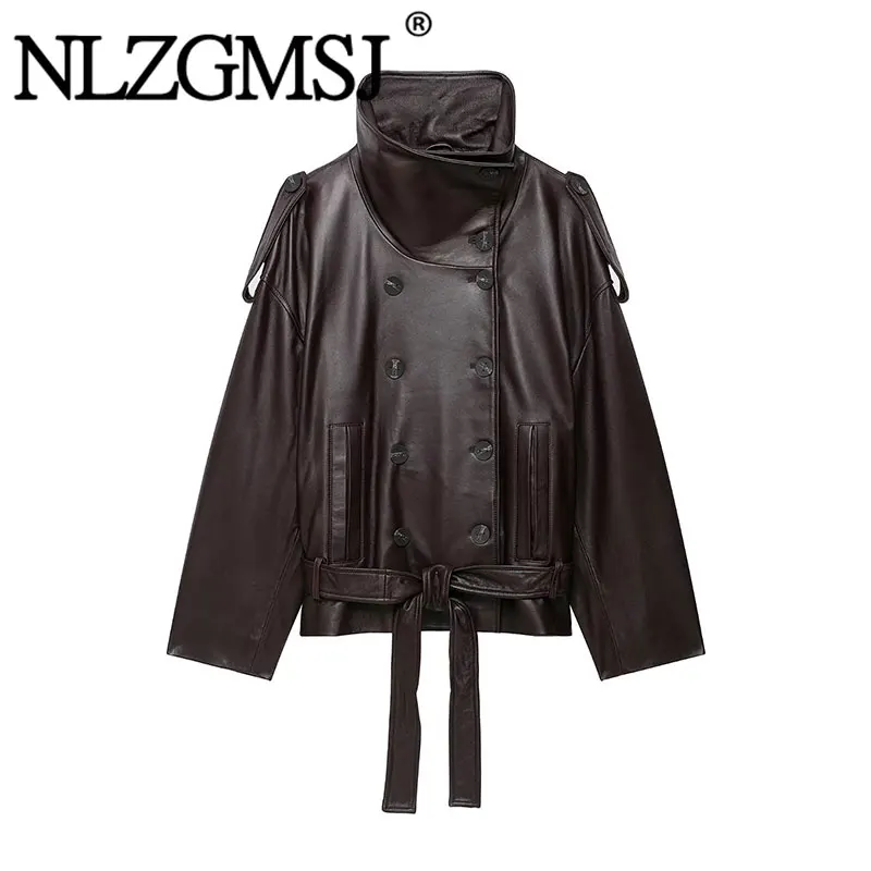 NLZGMSJ Women's Faux Leather Jacket 2026 Autumn Winter New Casual Fashion Solid Versatile Stand Collar Double-Breasted Coat