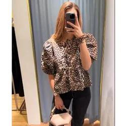 Blusa de leopardo para mujer, camisa de manga corta abombada, ropa de calle elegante para verano, 2024