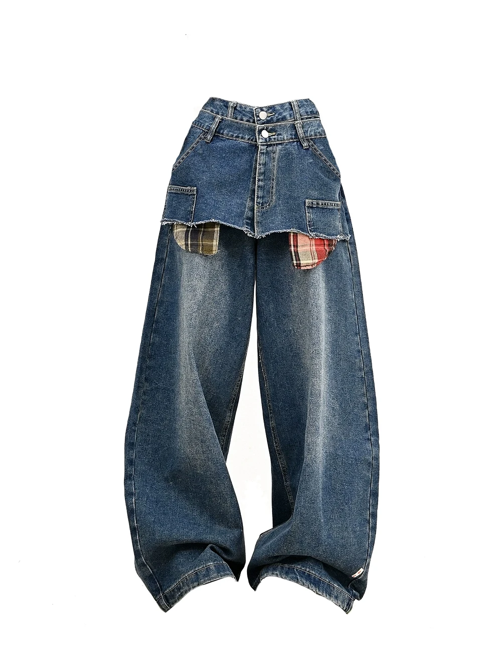 

plus Size American Retro Double Waist Head Jeans Women Loose Wide Leg Pants Spring Trendy Splicing Wear Resistant High Waist