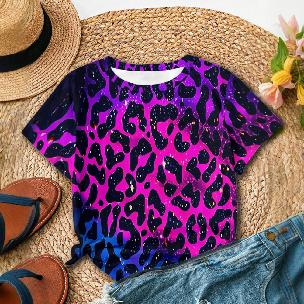 핑크와 블랙 레오파드 패턴 여성 티셔츠 - 캐주얼 패션 스타일 여름 라운드 넥 반팔