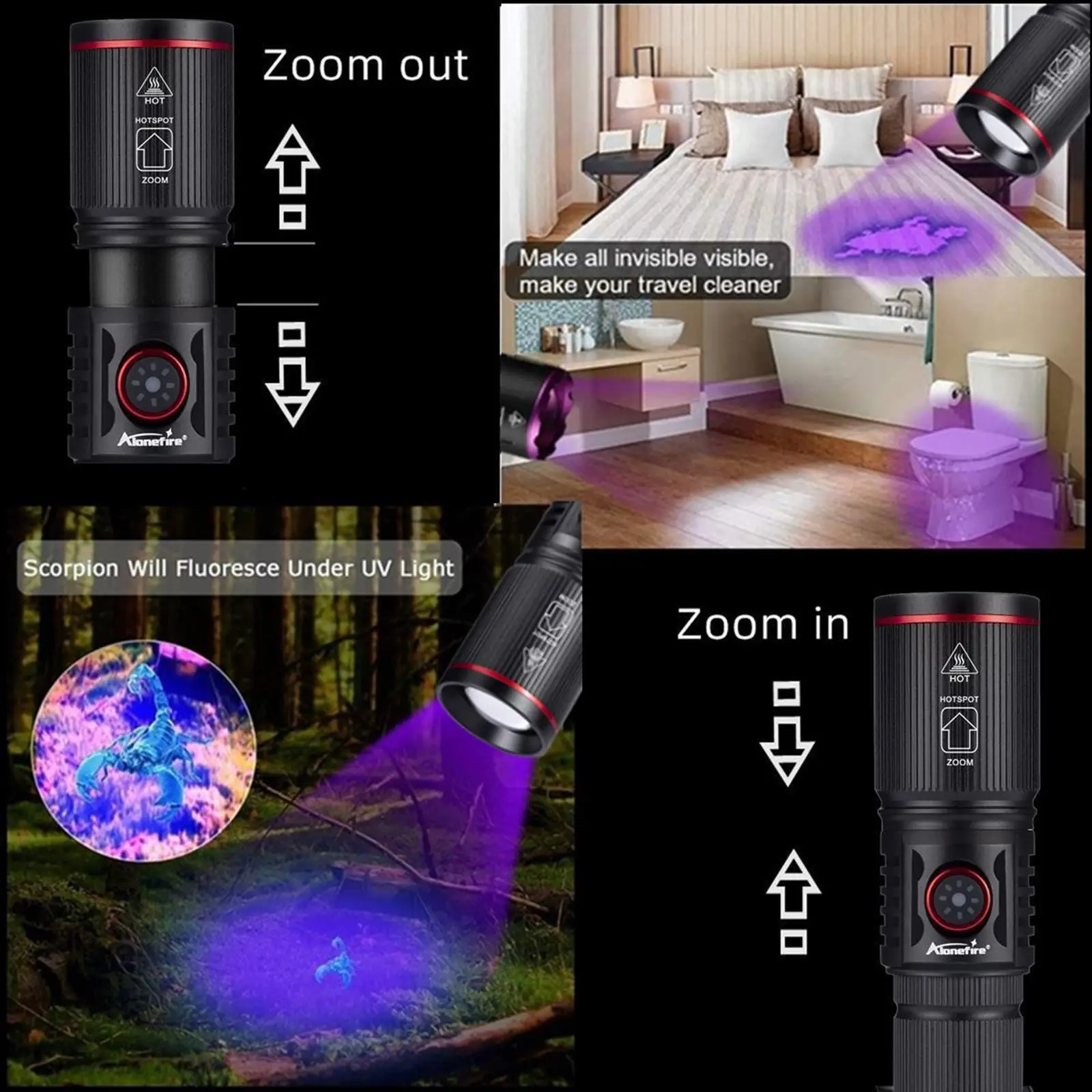 Zoom 20W LED High Power UV Flashlight 365/395nm Invisible Ink Marker Cat Dog Urine Tinea Ore Money Scorpion Fluorescence Light