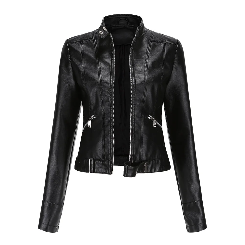 Nueva chaqueta de cuero, abrigo pequeño corto para mujer, chaqueta de cuero con cuello levantado para primavera y otoño, abrigo de cuero fino para mujer