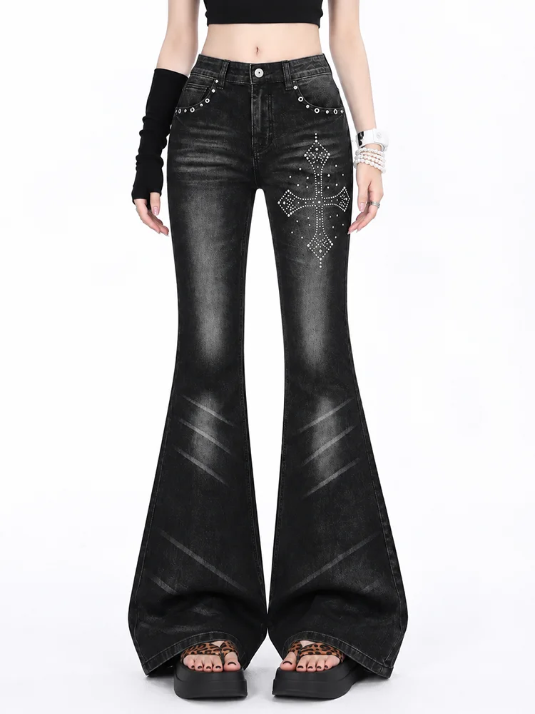 REDDACHiC Grunge Eyelets Women Tight Jeans Retro Rhinestone Cross Whiskers Stretchy High Rise Flared Denim Pants Punk Streetwear