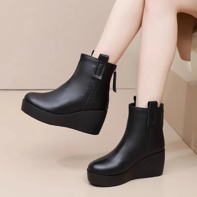 

GKTINOO 2024 New Autumn Winter Women Shoes Woman Genuine Leather Wedges Snow Boots Height Increasing Short Women Boots Platform